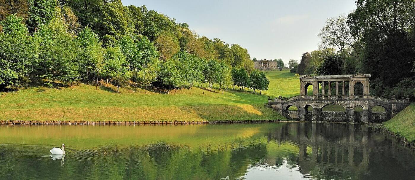 The Palladian bridge at Prior Park reflected in the lake, with a swan in the foreground